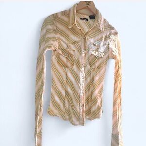 Taunt Women's Yellow, Green and White Striped Button-Down Shirt